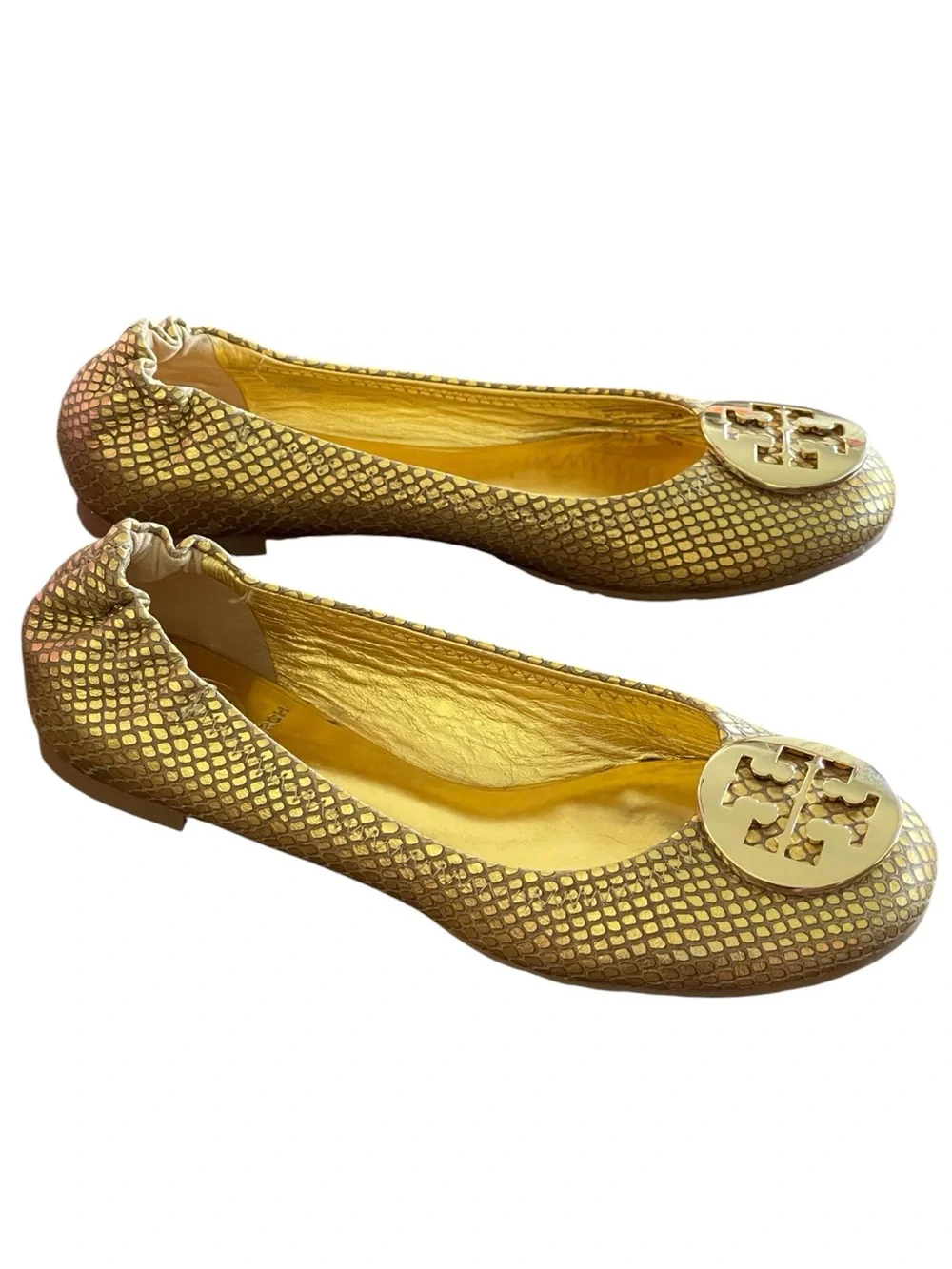 Tory Burch Reva Metallic Gold Snakeskin-Print Logo Ballet Flats Sz 6.5 Leather